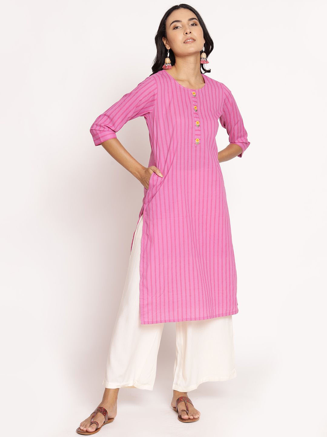 

Shree Striped Thread Work Pure Cotton Straight Kurta, Pink