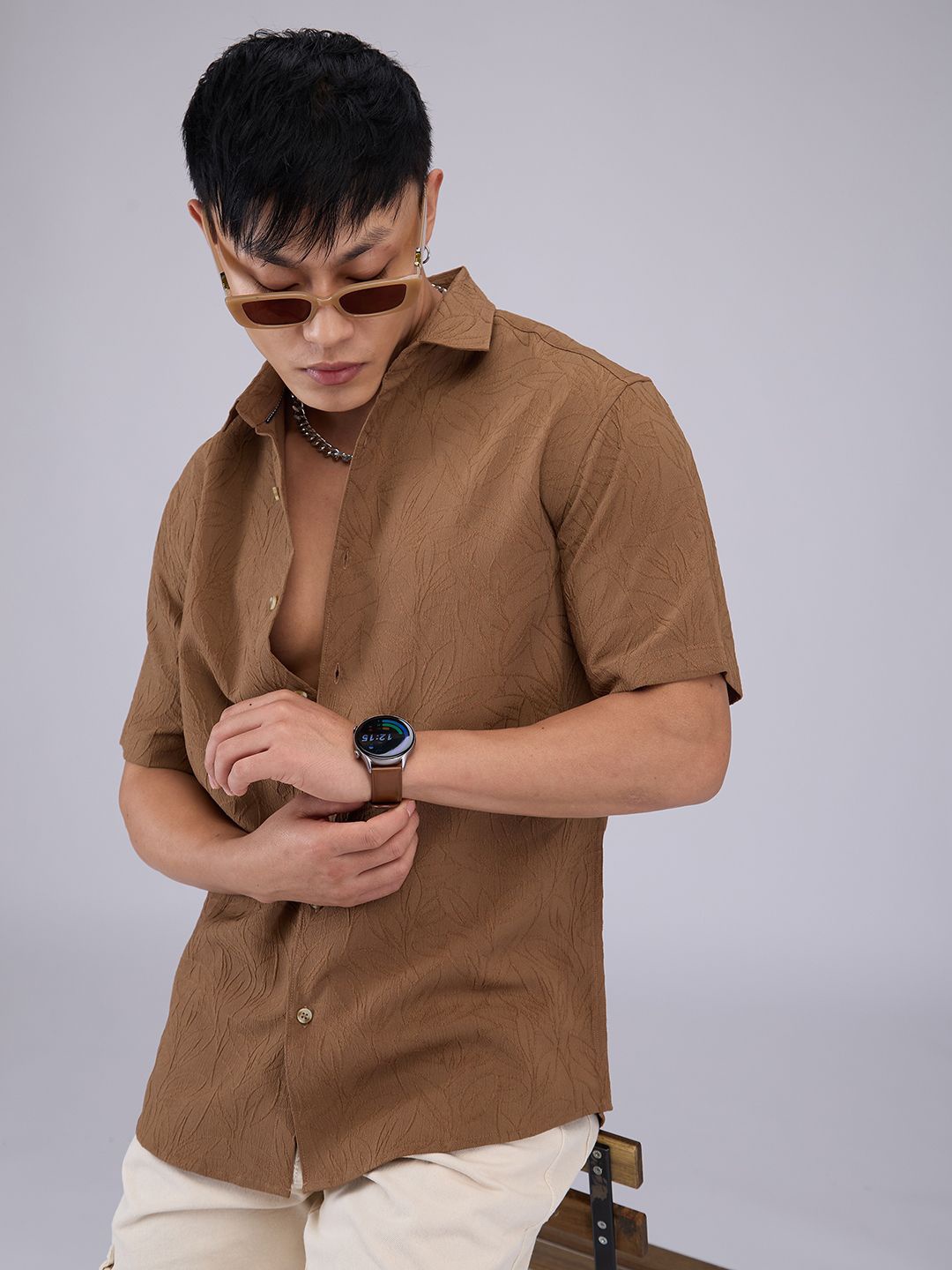 

VASTRADO Men Classic Cutaway Collar Textured Slim Fit Casual Shirt, Brown