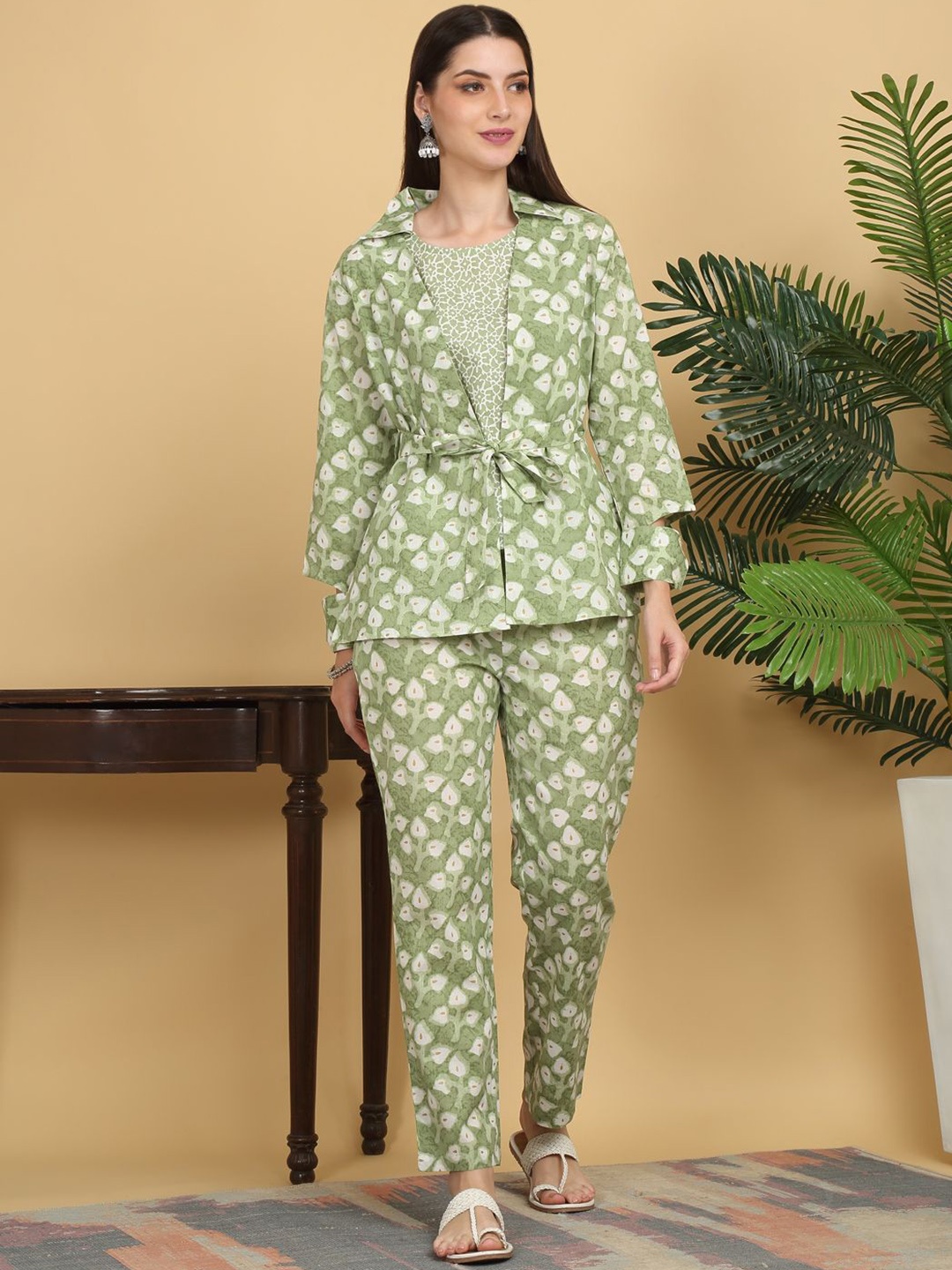 

KALINI Floral Printed Shoulder Straps Pure Cotton Top With Trouser & Shirt, Green