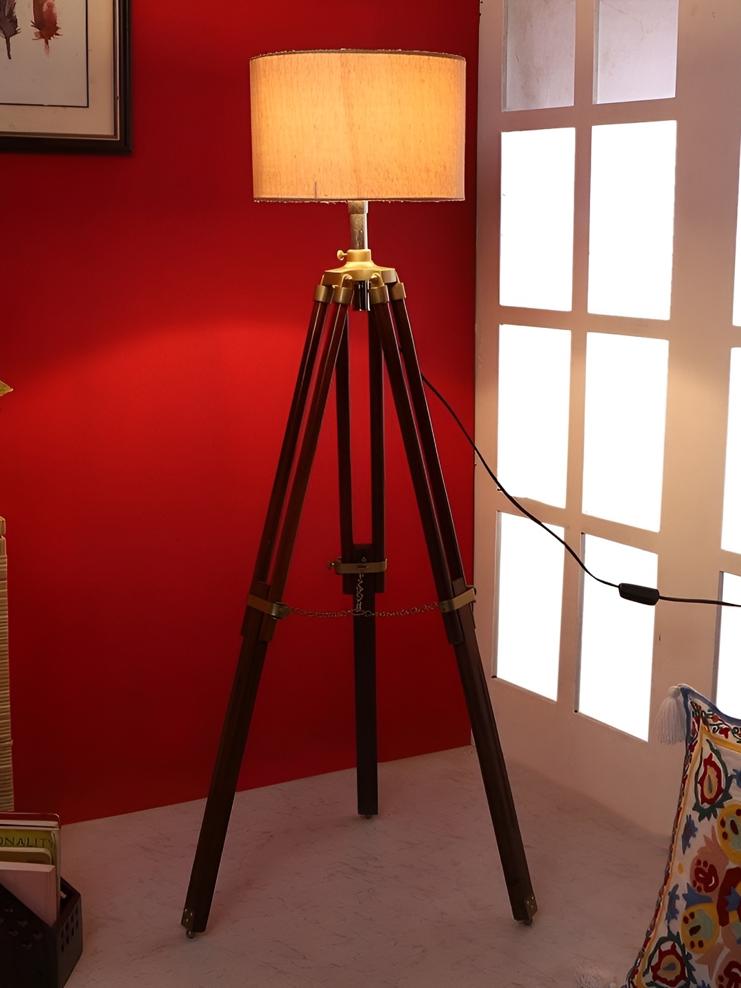

pristine interiors Brown & Cream Wooden Tripod Floor Lamp