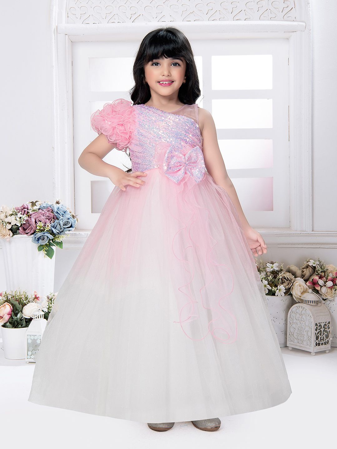 

Tiny Kingdom Girls Embellished sequined Floral Net Gown Dress, Pink