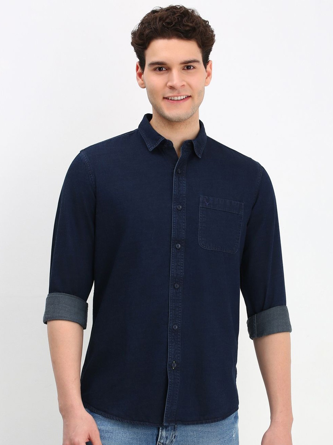 

Allen Solly Men Custom Spread Collar Solid Cotton Casual Shirt, Navy blue