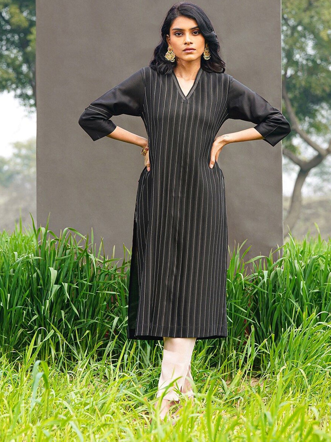 

JAYPORE Printed Cotton Silk Kurta, Black