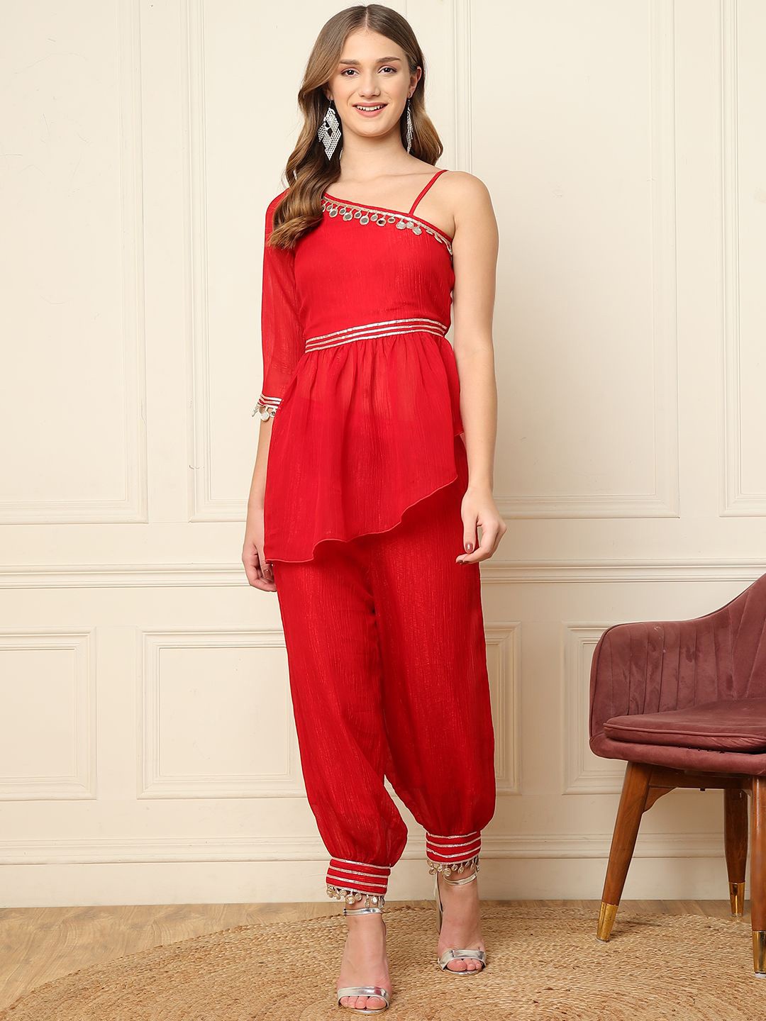 

DEEBACO One Shoulder Peplum Top With Gathered Trousers, Red