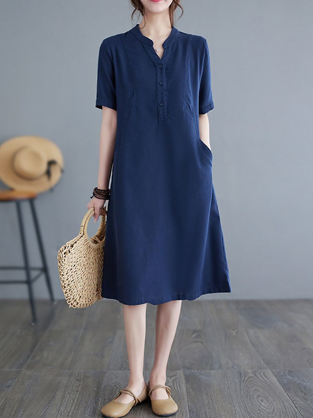 

StyleCast x Revolte Women Solid Shirt Collar Midi Shirt Dress, Navy blue