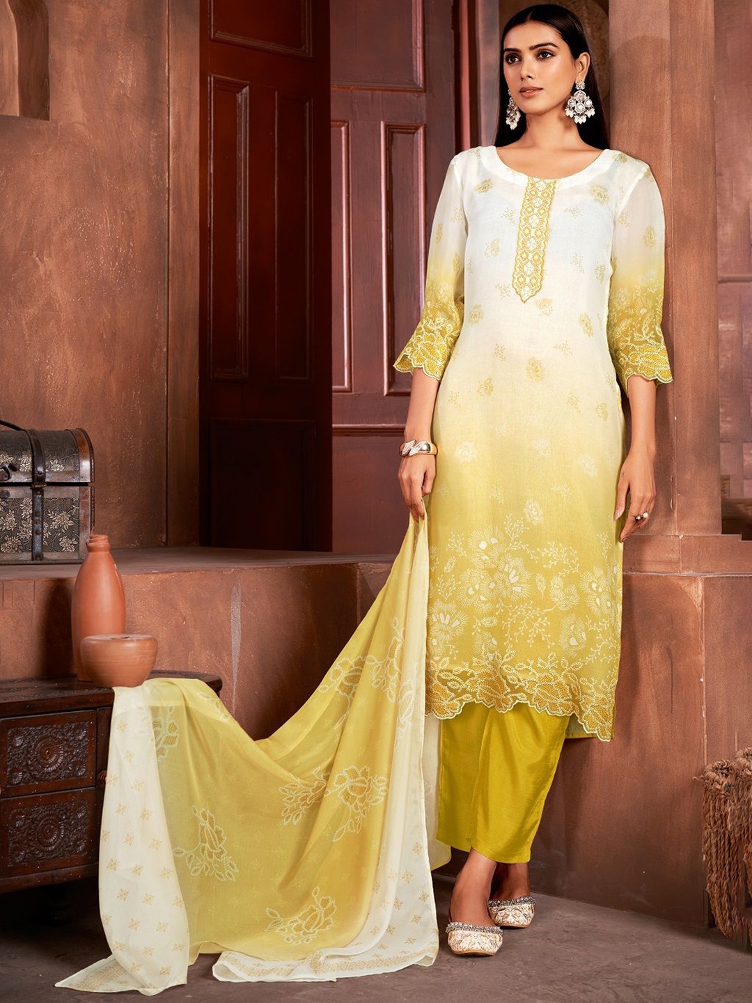 

JIVORA Women Floral Embroidered Kurta With Palazzos & Dupatta, Yellow