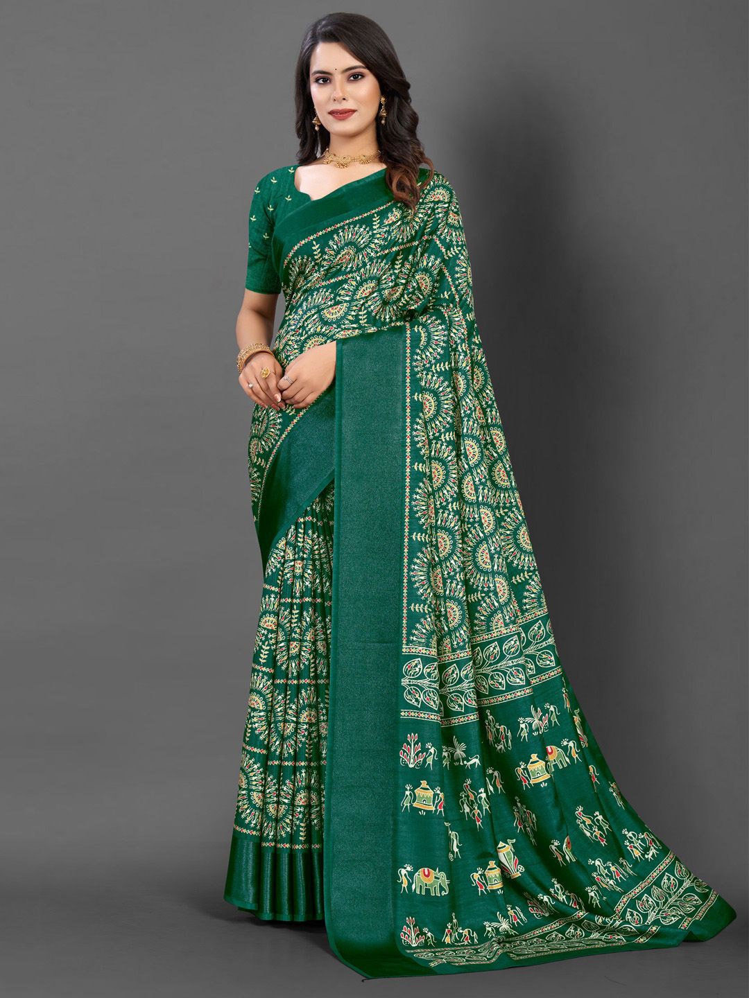 

KALINI Warli Printed Bagh Daily Wear Saree, Green