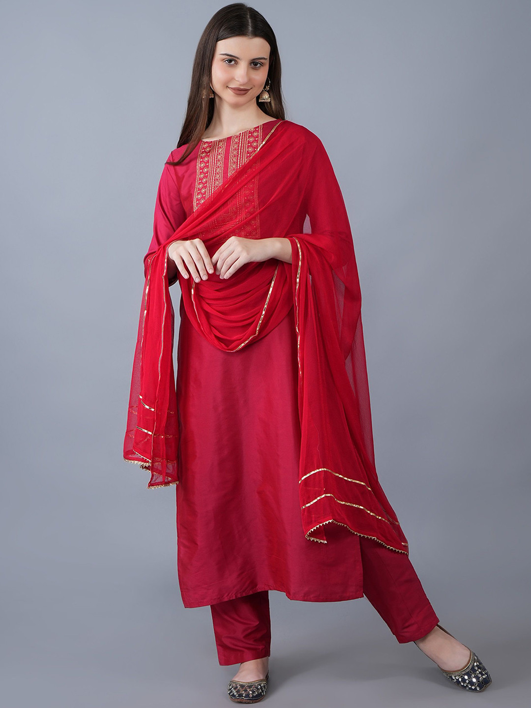 

KALINI Women Ethnic Motifs Embroidered Regular Kurta with Trousers & With Dupatta, Red