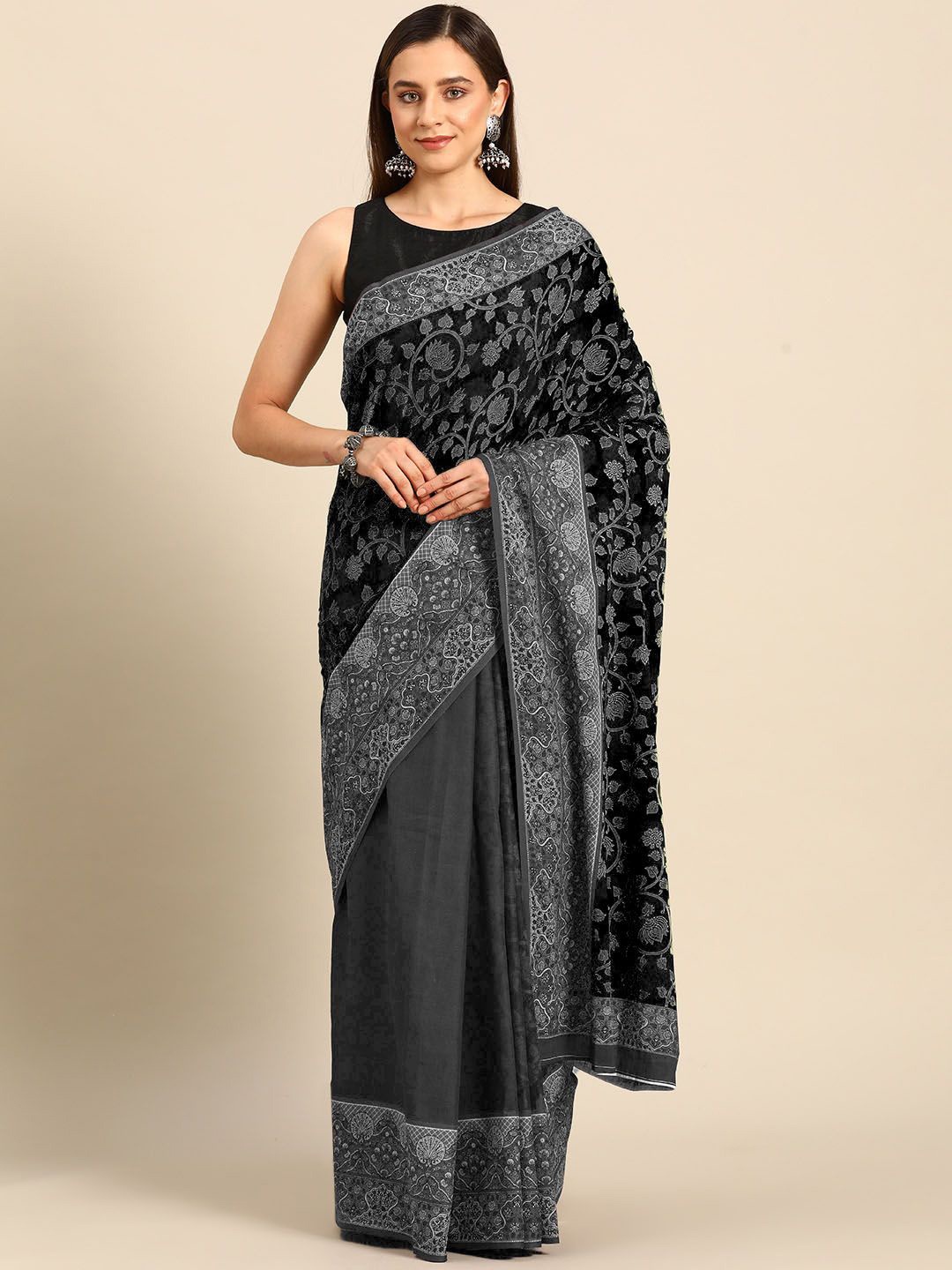 

BUTA BUTI Floral Pure Cotton Saree, Black