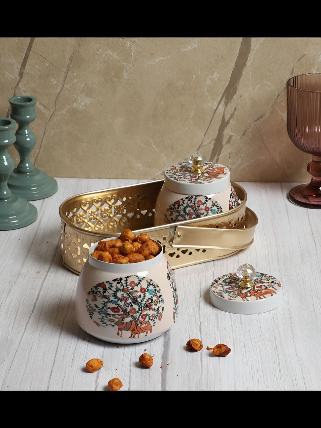 

Amaya Decors Gold-Toned & White 2 Pieces Peacock Printed Containers With Basket