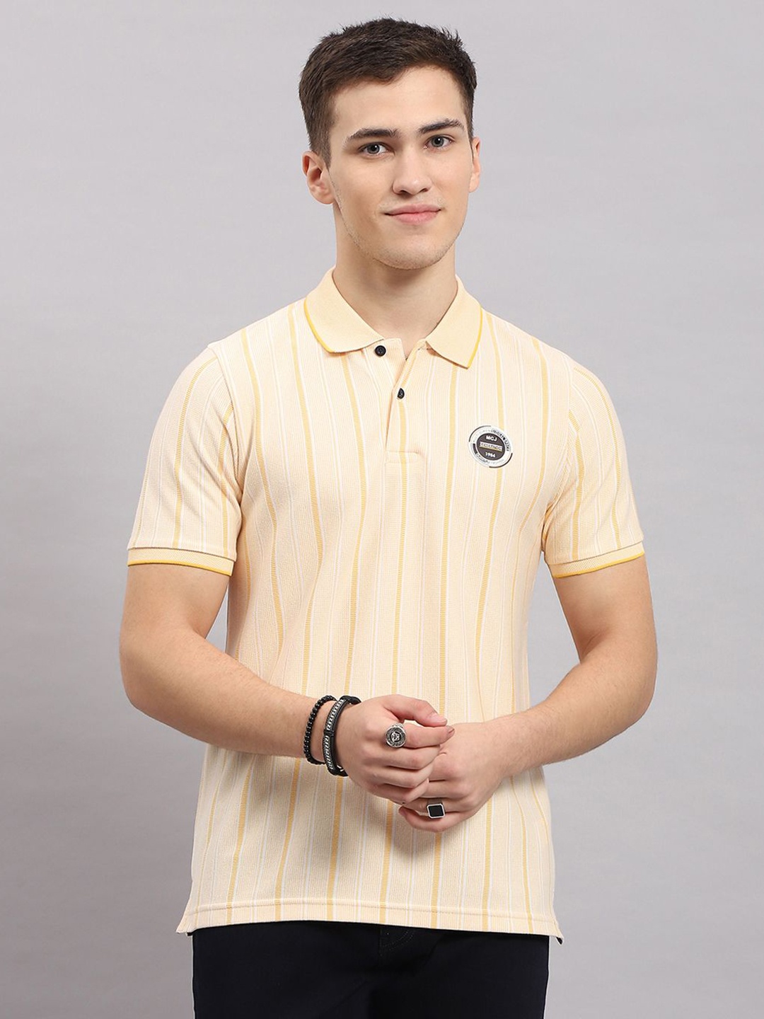 

Monte Carlo Men Striped Polo Collar Cotton T-shirt, Yellow