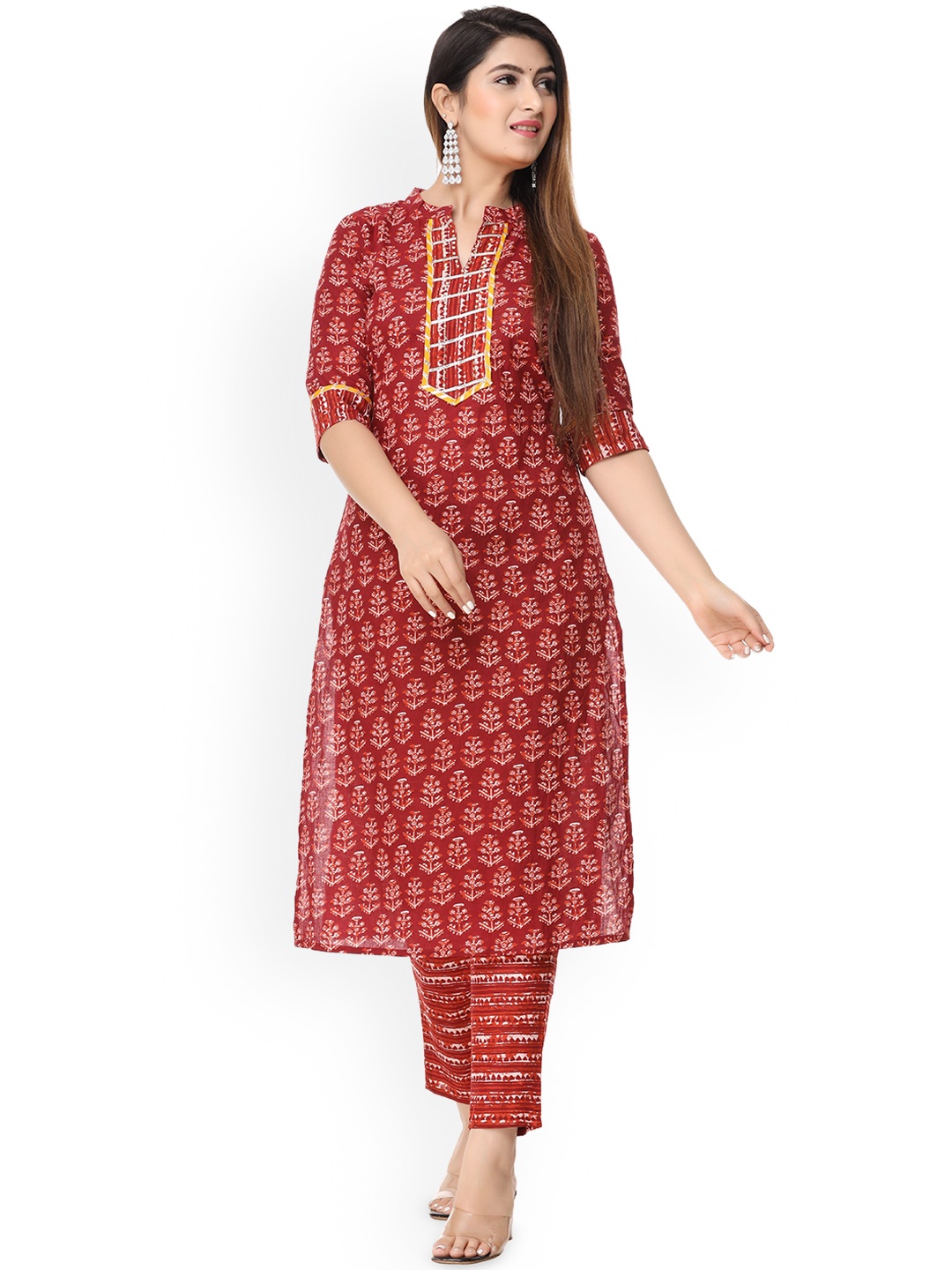 

Cloth Bites Floral Printed Regular Pure Cotton Straight Kurta with Trousers, Red