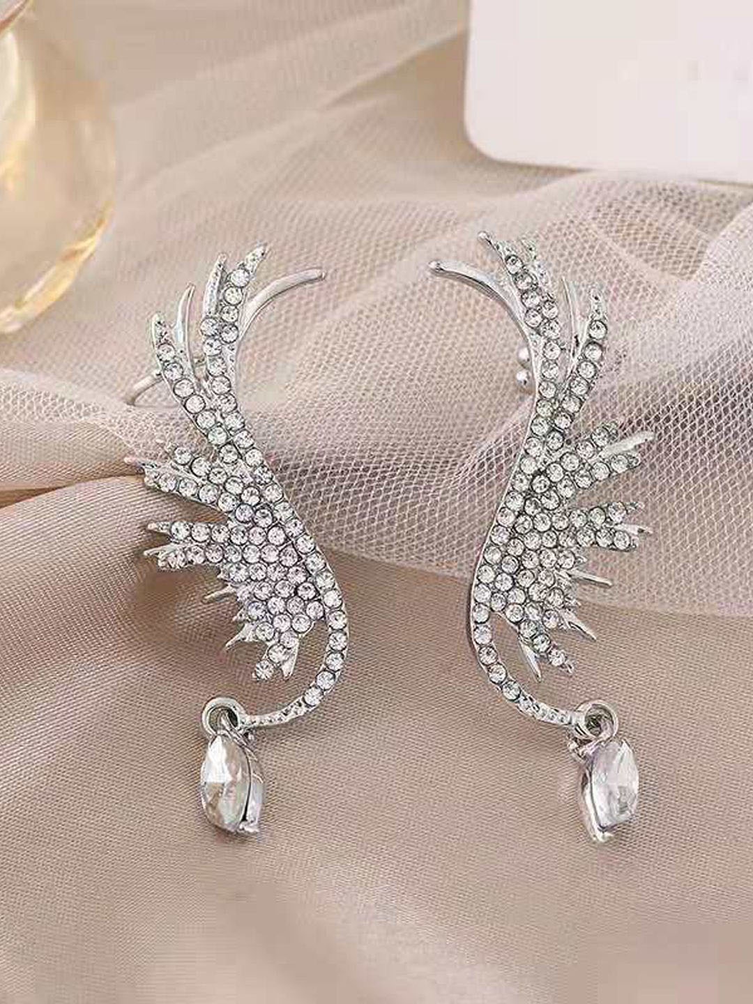 

KRENOZ Stainless Steel Silver Plated Rhinestone Studded Contemporary Drop Earrings