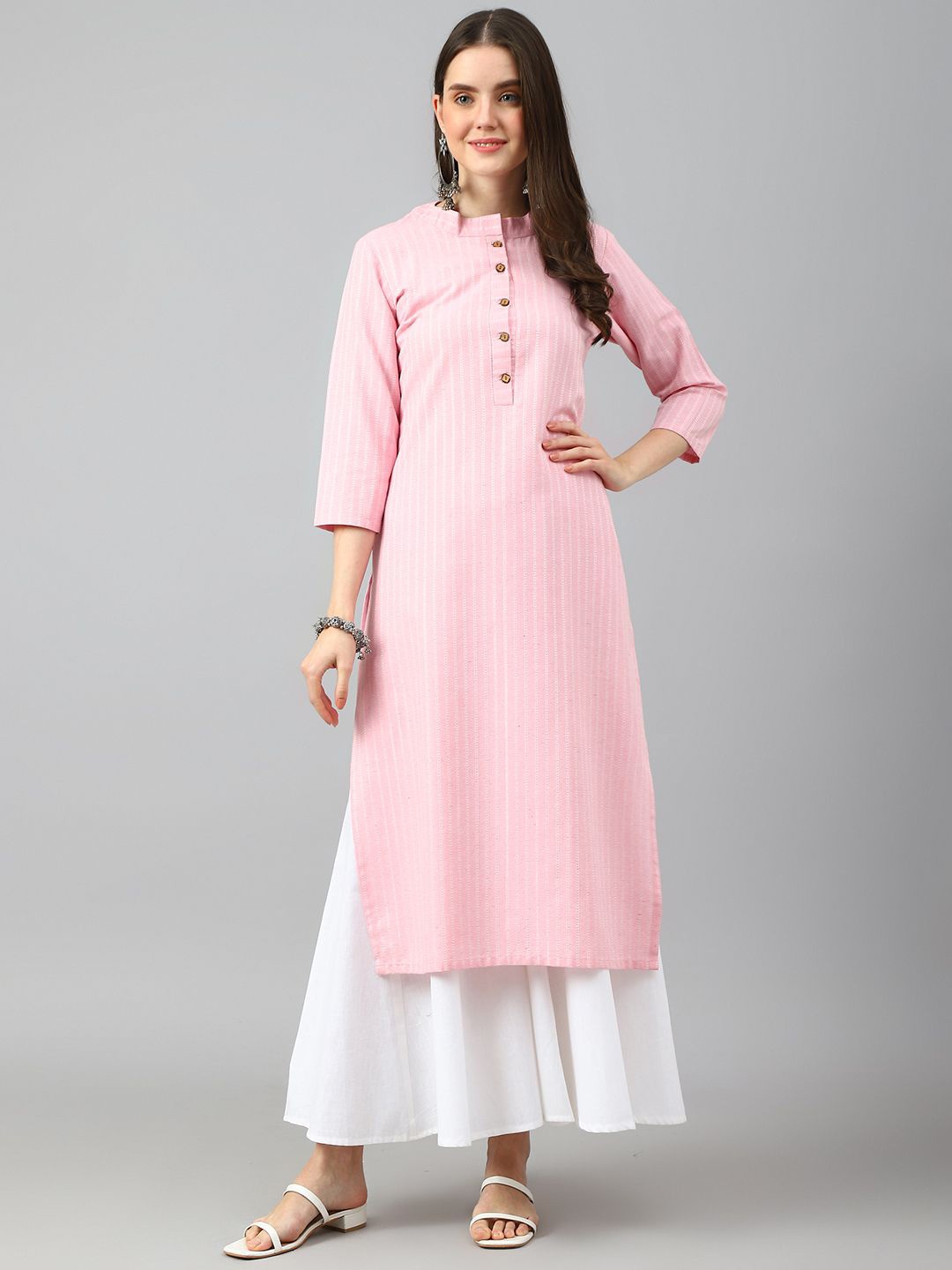 

KALINI Striped Mandarin Collar Thread Work Cotton Straight Kurta, Pink