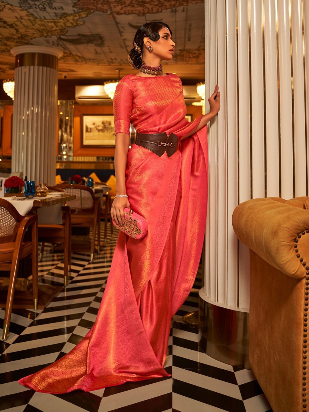 

ODETTE Woven Design Zari Saree, Orange
