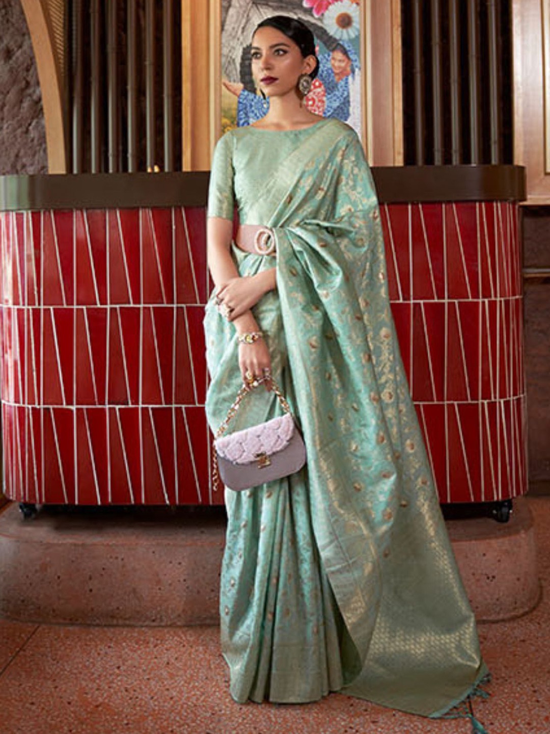 

ODETTE Ethnic Motifs Woven Design Zari Saree, Sea green