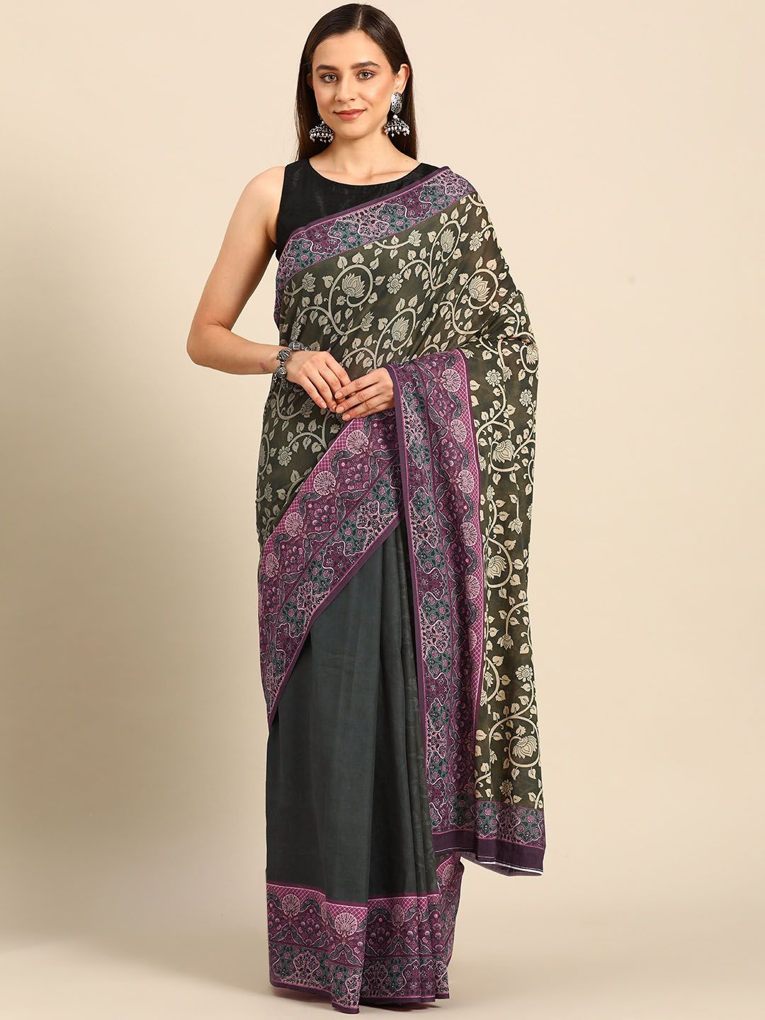 

BUTA BUTI Floral Printed Pure Cotton Saree, Purple