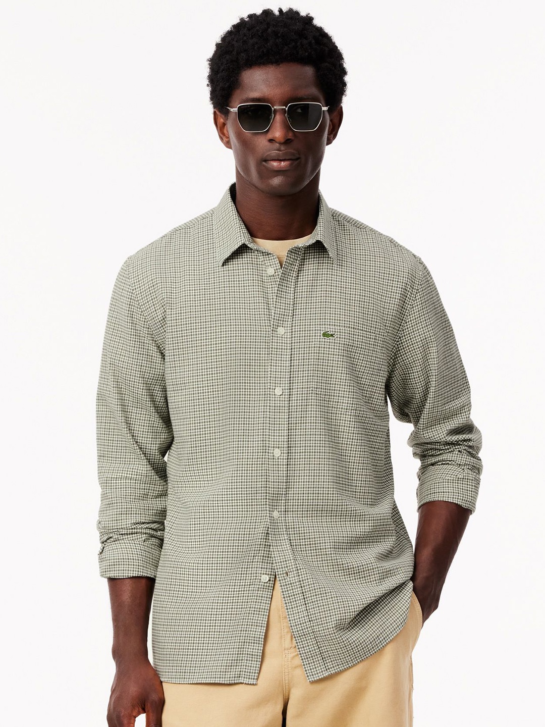 

Lacoste Men Spread Collar Micro Checked Cotton Casual Shirt, Green