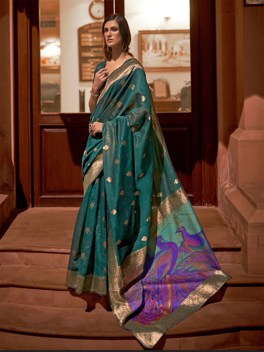 

ODETTE Woven Design Zari Saree, Teal