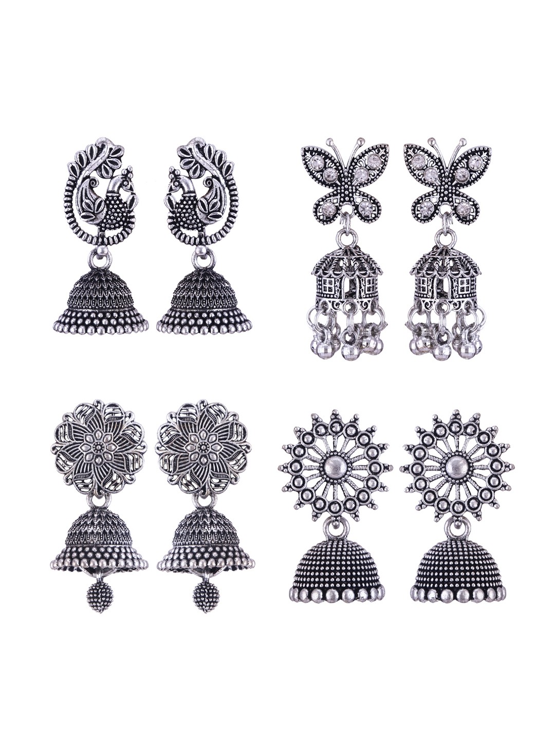 

DIVASTRI Set Of 4 Peacock Shaped Oxidised Jhumkas Earrings, Silver