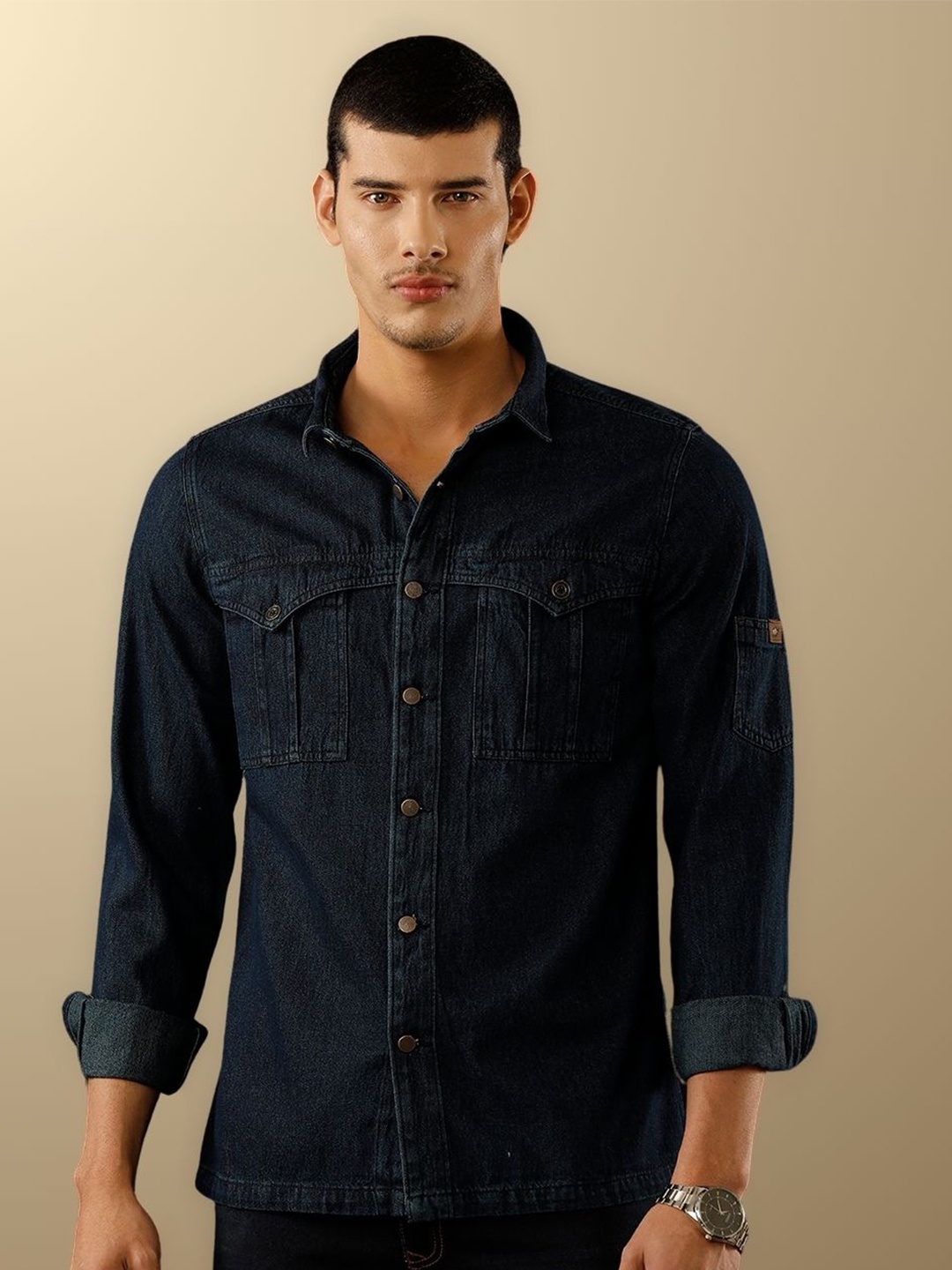 

TEMPLE OF DENIM Men India Slim Cutaway Collar Solid Denim Casual Shirt, Navy blue