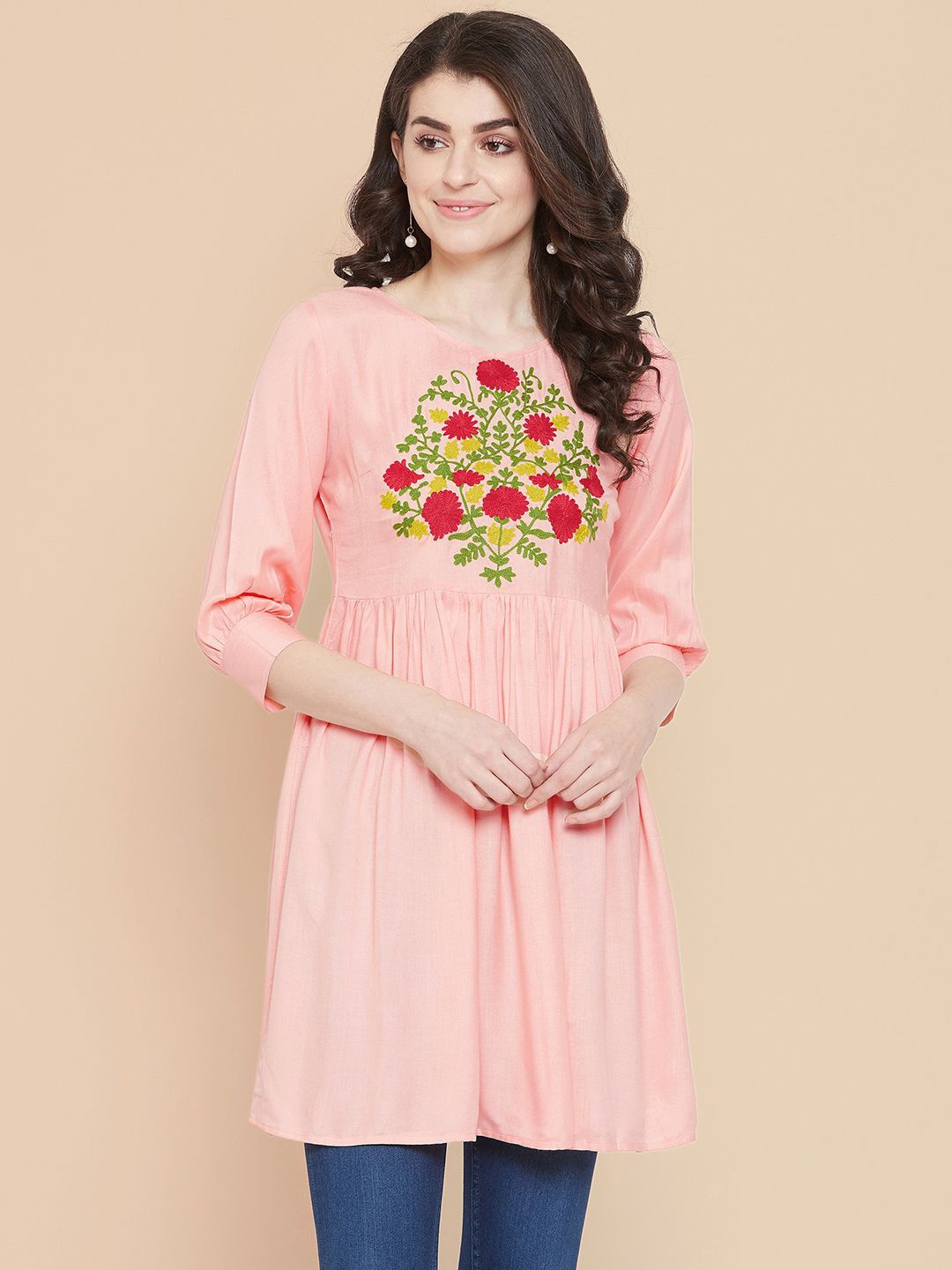 

all about you Floral Embroidered Thread Work Thread Work Kurti, Peach