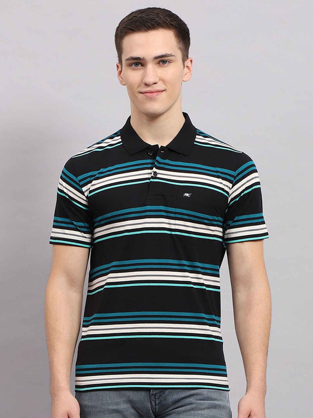 

Monte Carlo Men Striped Polo Collar Cotton T-shirt, Black