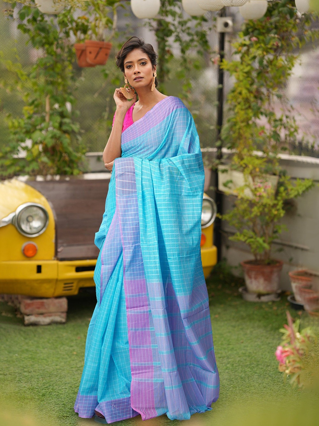 

Unnati Silks Checked Pure Cotton Mangalagiri Saree, Blue