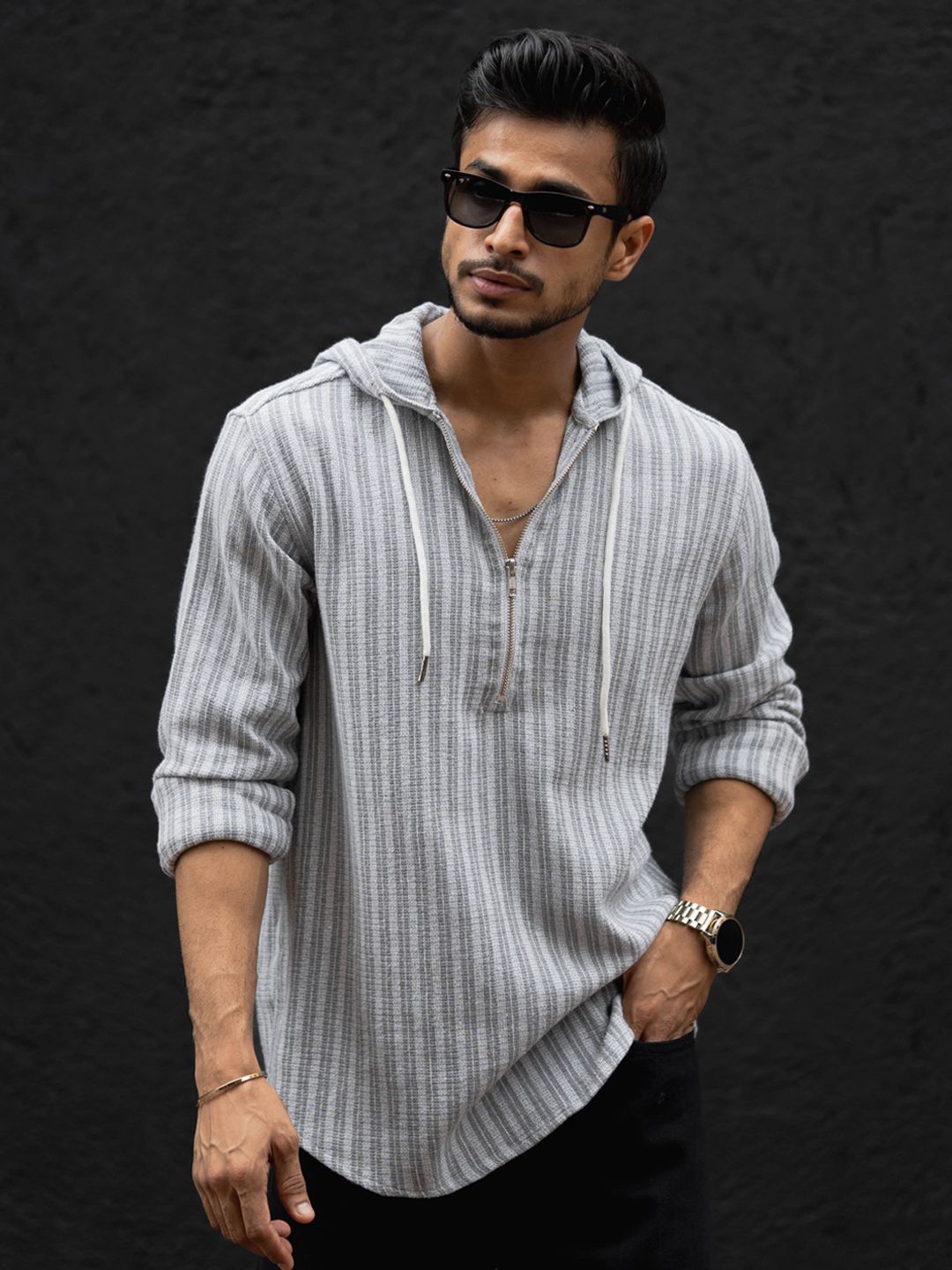 

Powerlook Men Hood Vertical Striped Cotton Casual Shirt, Grey