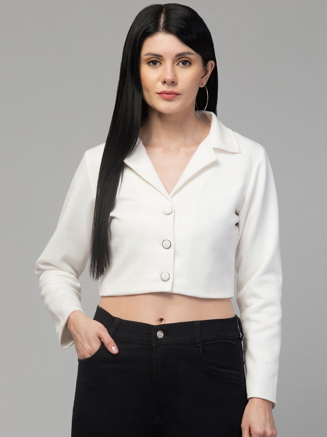 

GalaxyTrendz Notched Lapel Single-Breasted Comfort-Fit Crop Blazer, White