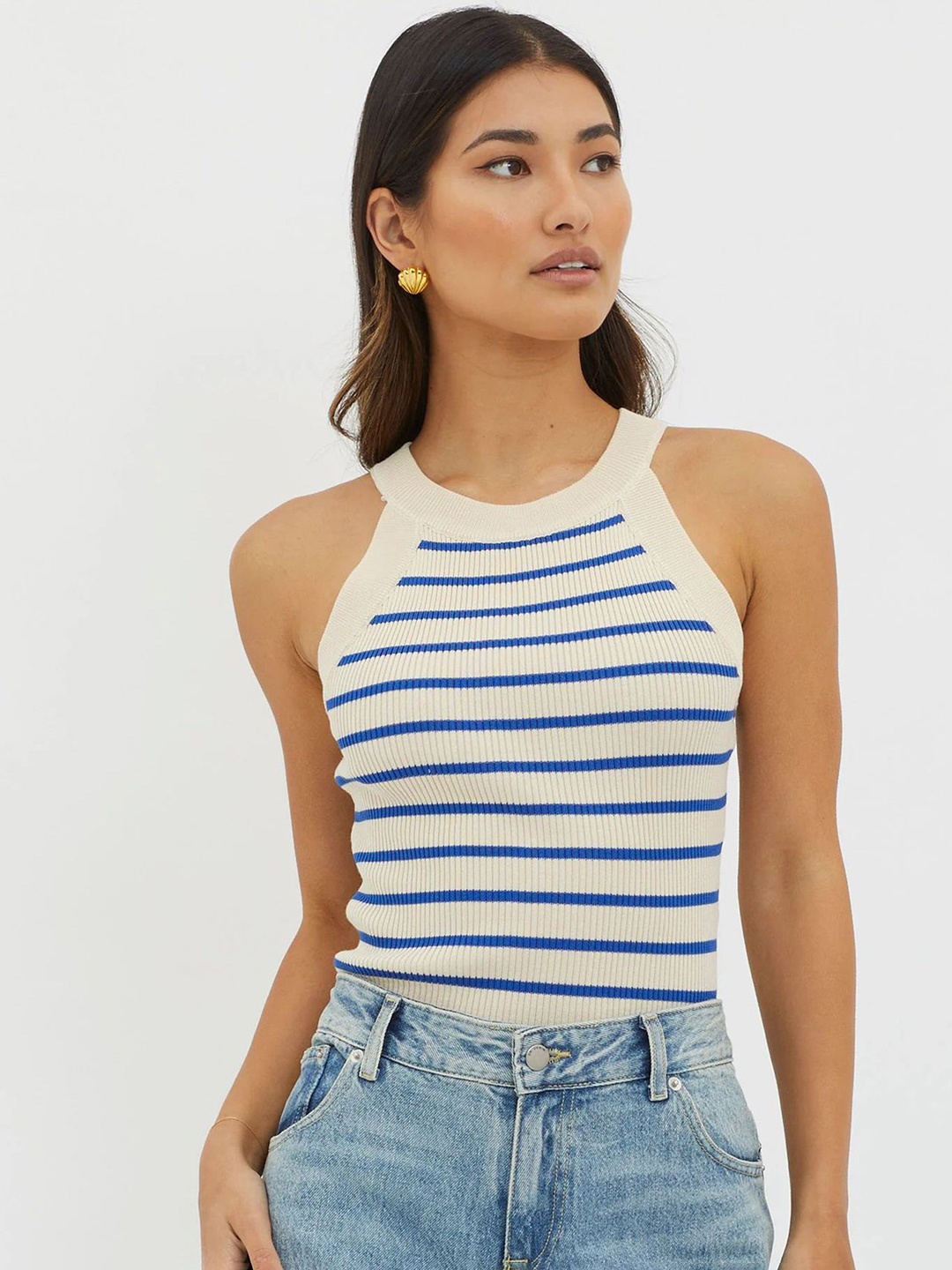 

LULU & SKY Women Horizontal Striped Round Neck Top, Blue