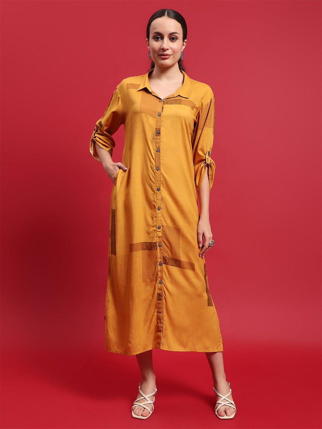 

Shree Women Shirt Collar Roll-Up Sleeves Liva Maxi Dress, Mustard