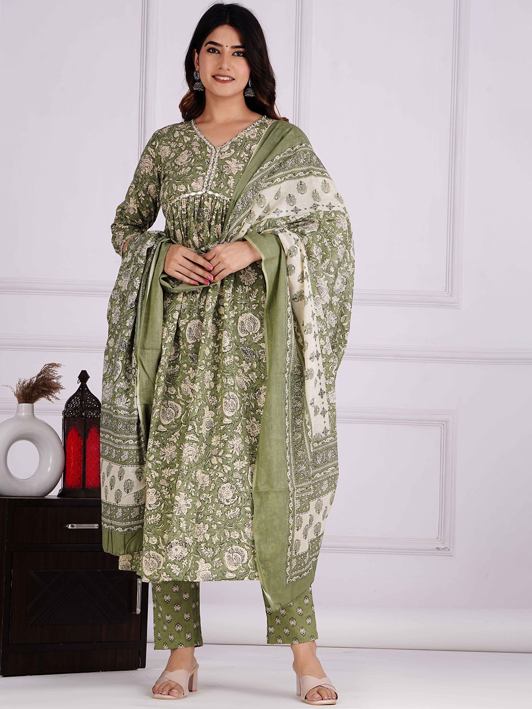 

KALINI Printed Empire Anarkali Mirror Work Pure Cotton Kurta with Trousers & Dupatta, Green