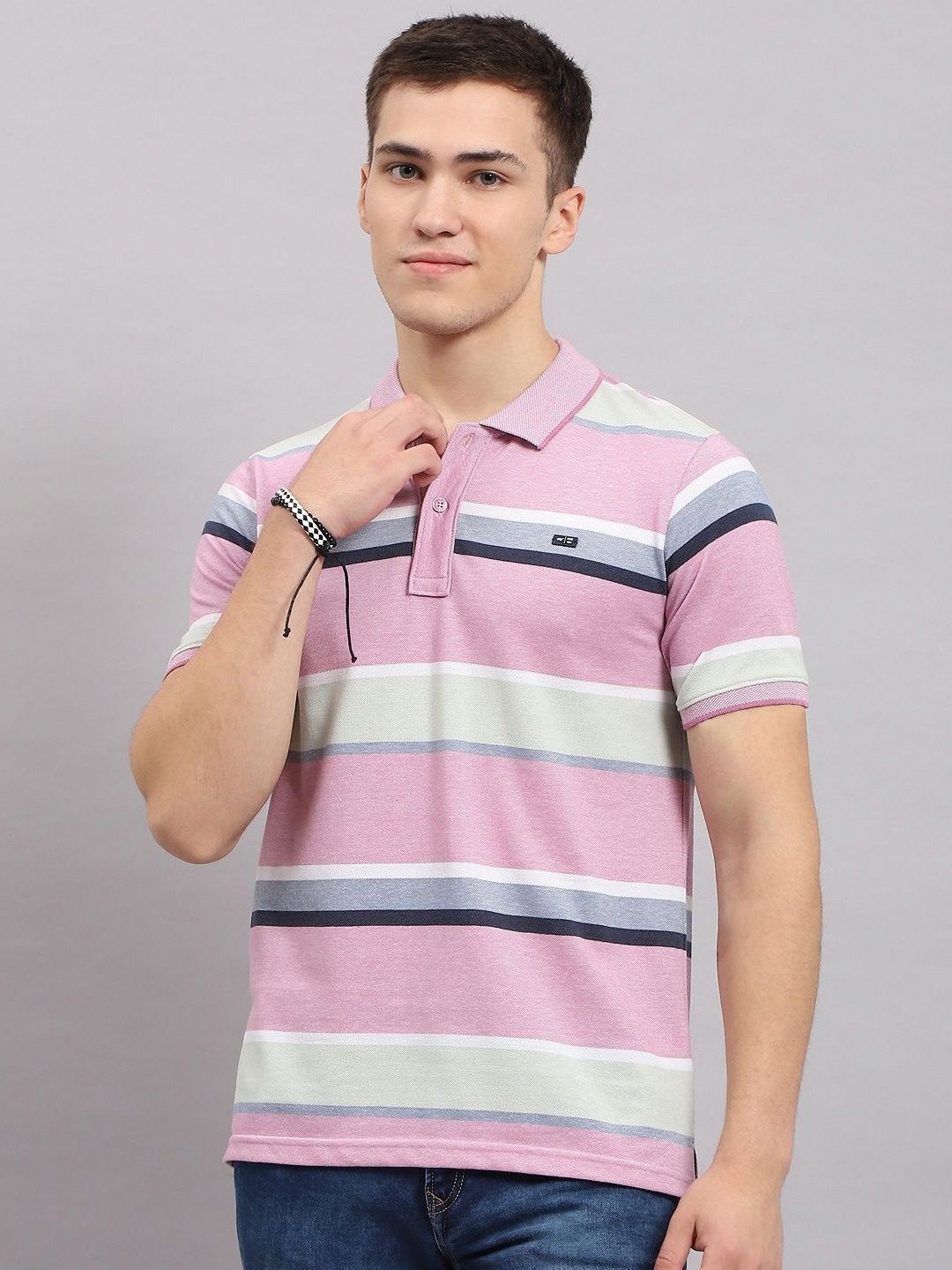 

Monte Carlo Men Striped Polo Collar Cotton T-shirt, Pink