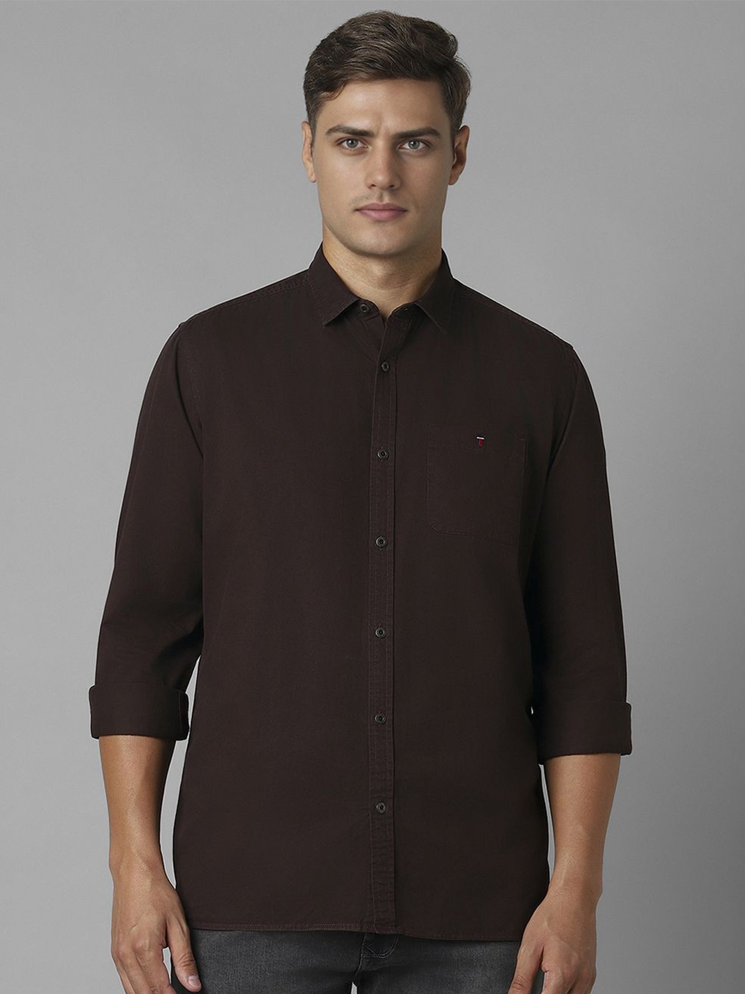 

Louis Philippe Jeans Men Spread Collar Solid Cotton Slim Fit Casual Shirt, Brown