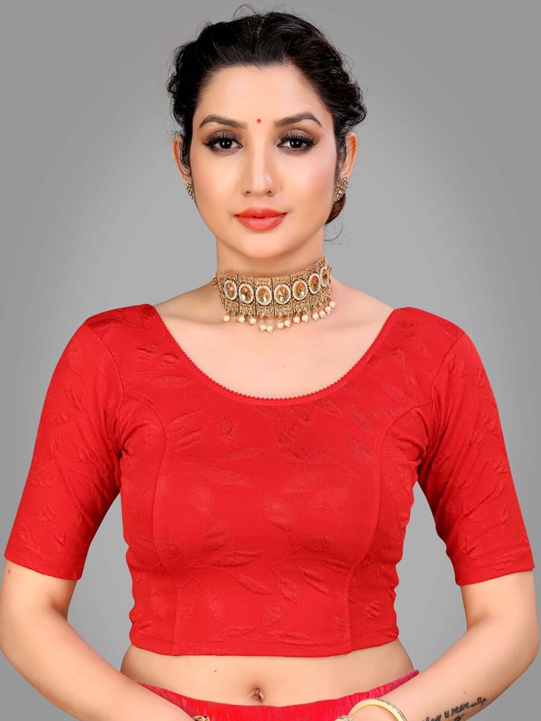 

Krimmple Women Round Neck Saree Blouse, Red