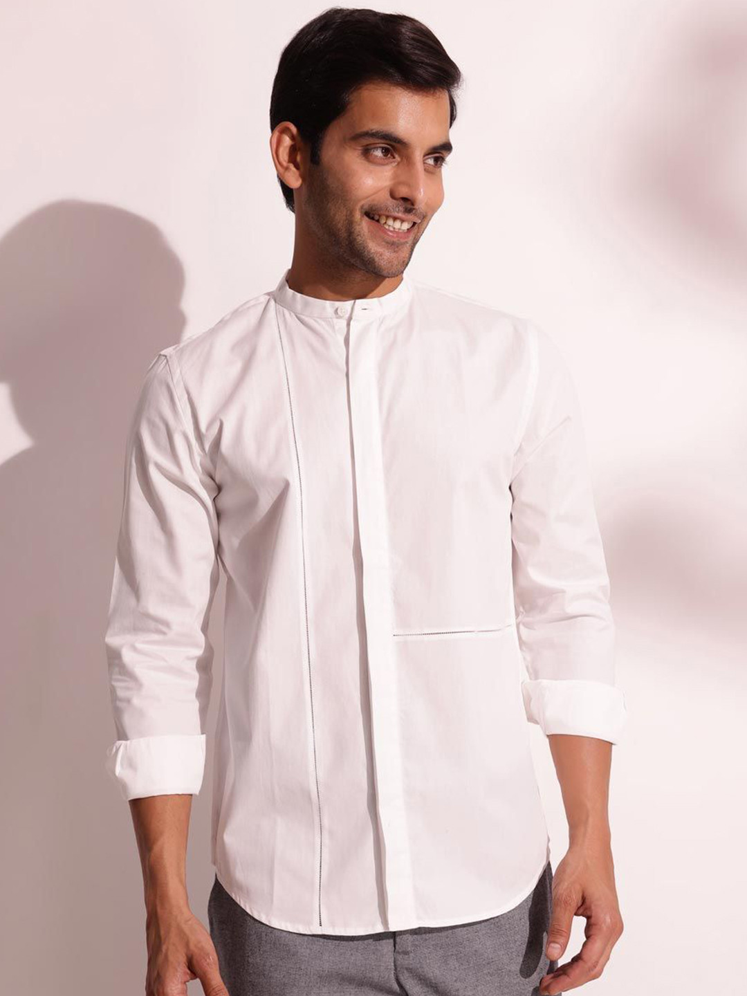 

Fabindia Men Band Collar Solid Cotton Slim Fit Party Shirt, White