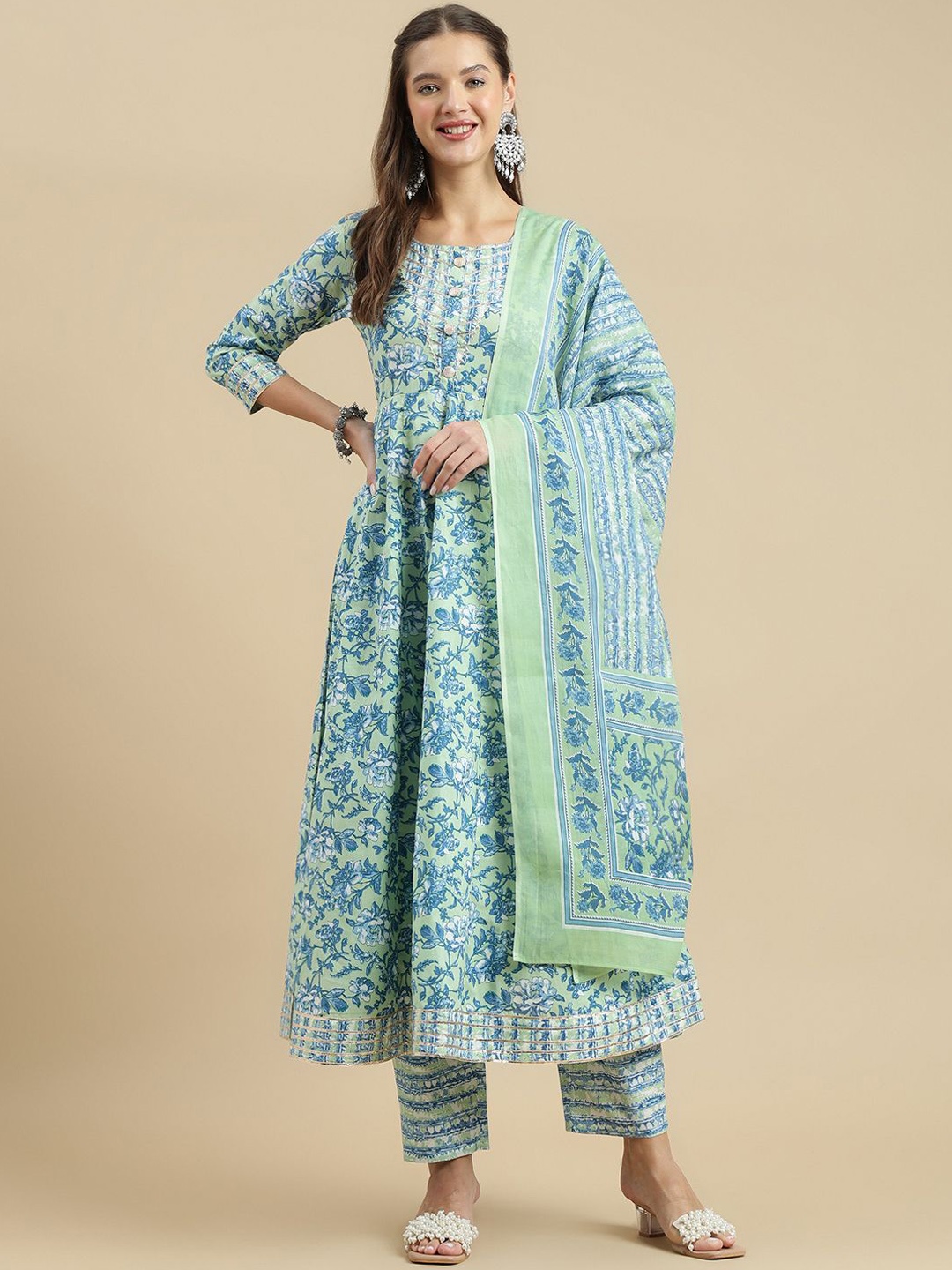 

JANAKDULARI CREATION Floral Printed Round Neck Pure Cotton Kurta & Palazzos With Dupatta, Sea green