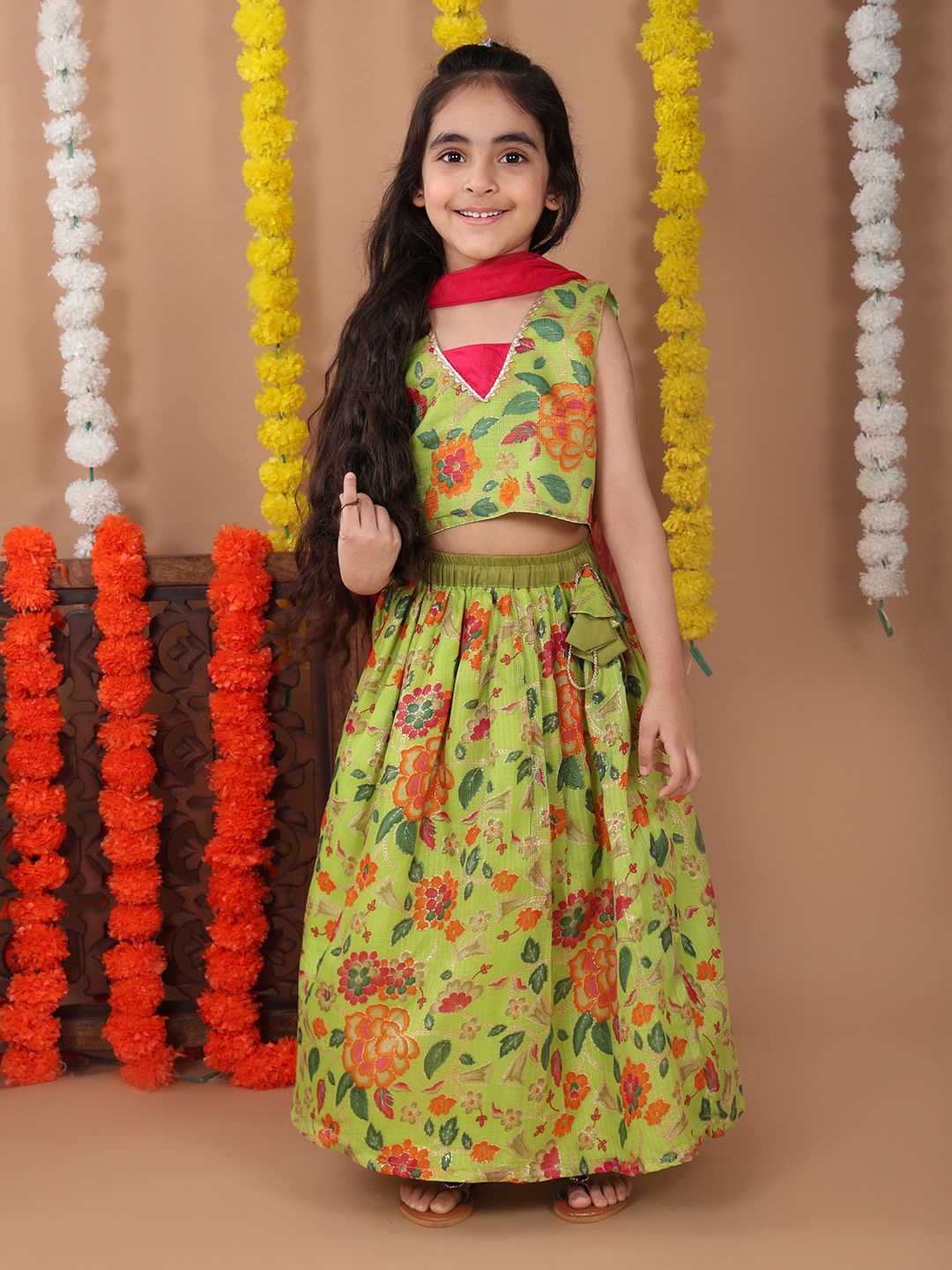 

Sangria Girls Floral Printed Gotta Patti Ready to Wear Cotton Lehenga With Choli & Dupatta, Green