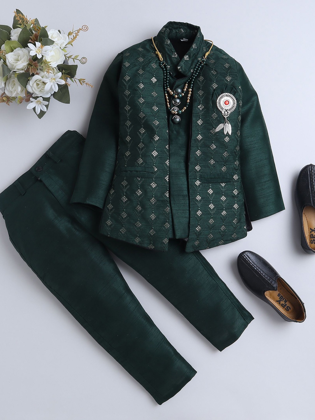 

FOURFOLDS Boys Embellished Sequinned Mandarin collar Bandhgala Blazer With Trouser, Green