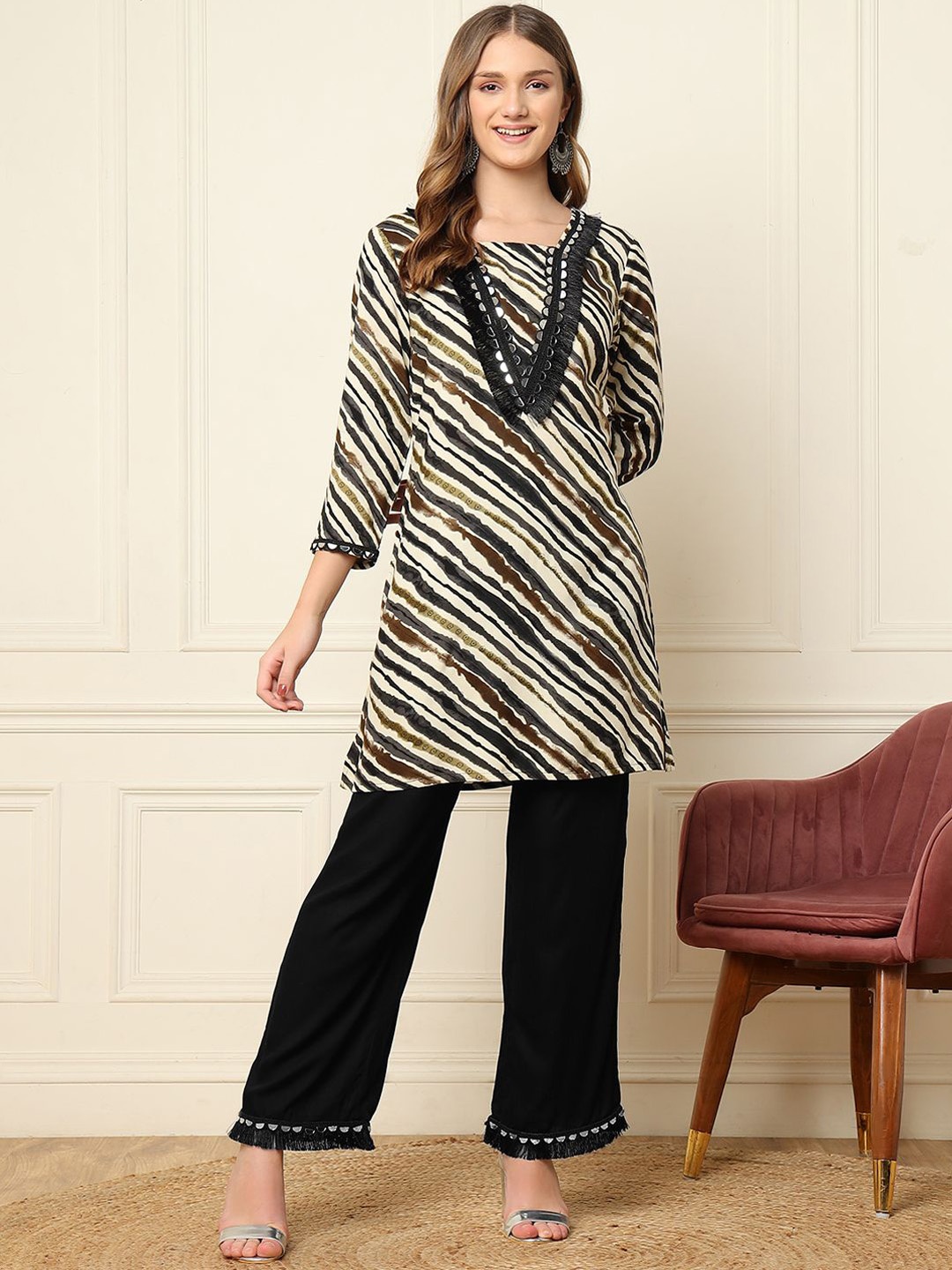 

DEEBACO Striped Square Neck Tunic With Palazzos, Black