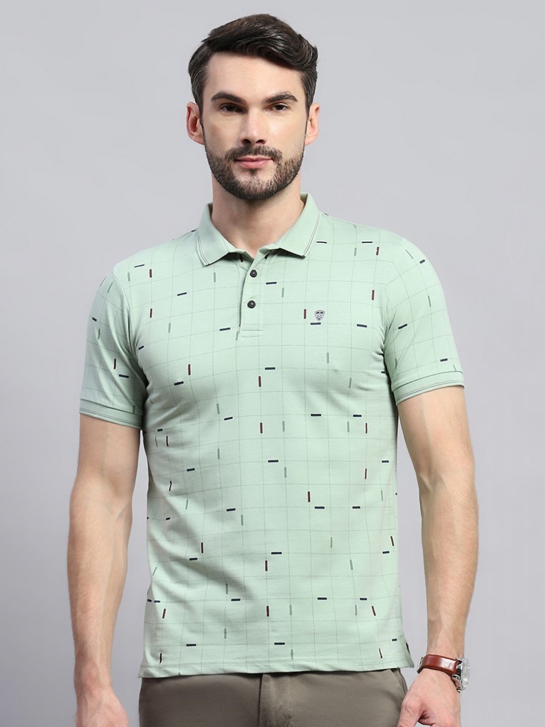 

Monte Carlo Men Checked Polo Collar Cotton T-shirt, Green