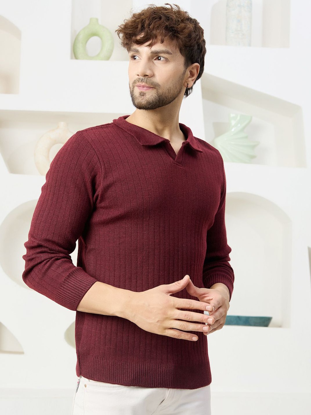 

KVETOO Men Striped Pullover Sweater, Maroon