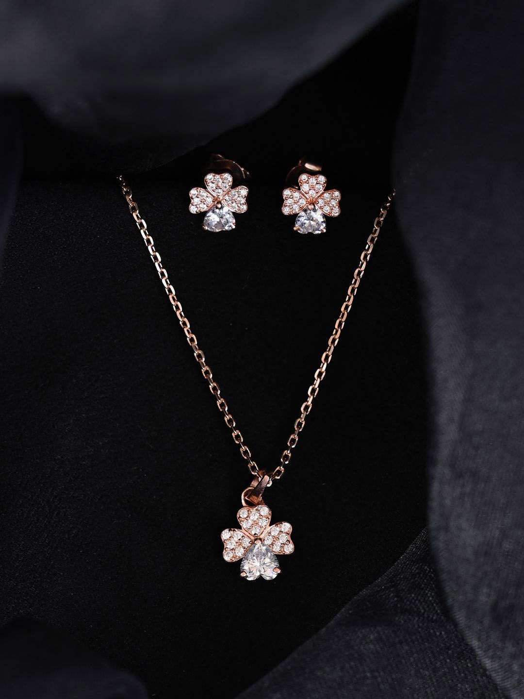 

Clara 925 Sterling Silver Rose Gold-Plated CZ Studded Pendant & Earrings