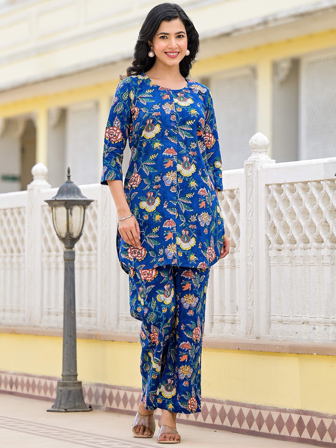 

Jaipuri Adaah Printed Pure Cotton Tunic With Trousers, Blue