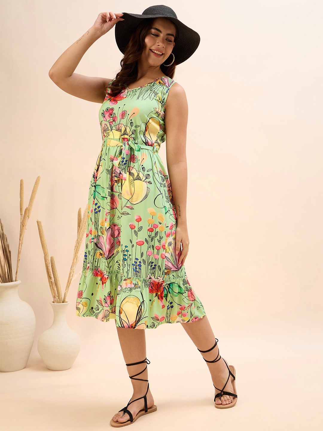 

DressBerry Floral Print Fit & Flare Women Midi Dress, Green