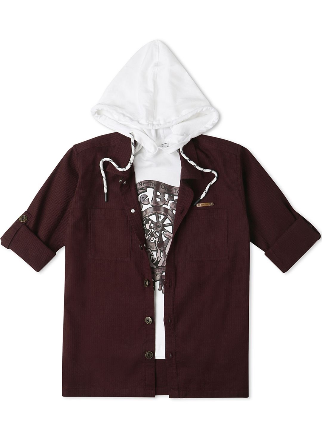 

CAVIO Boys Comfort Graphic Printed Pure Cotton Casual Shirt Comes With T-shirt, Maroon