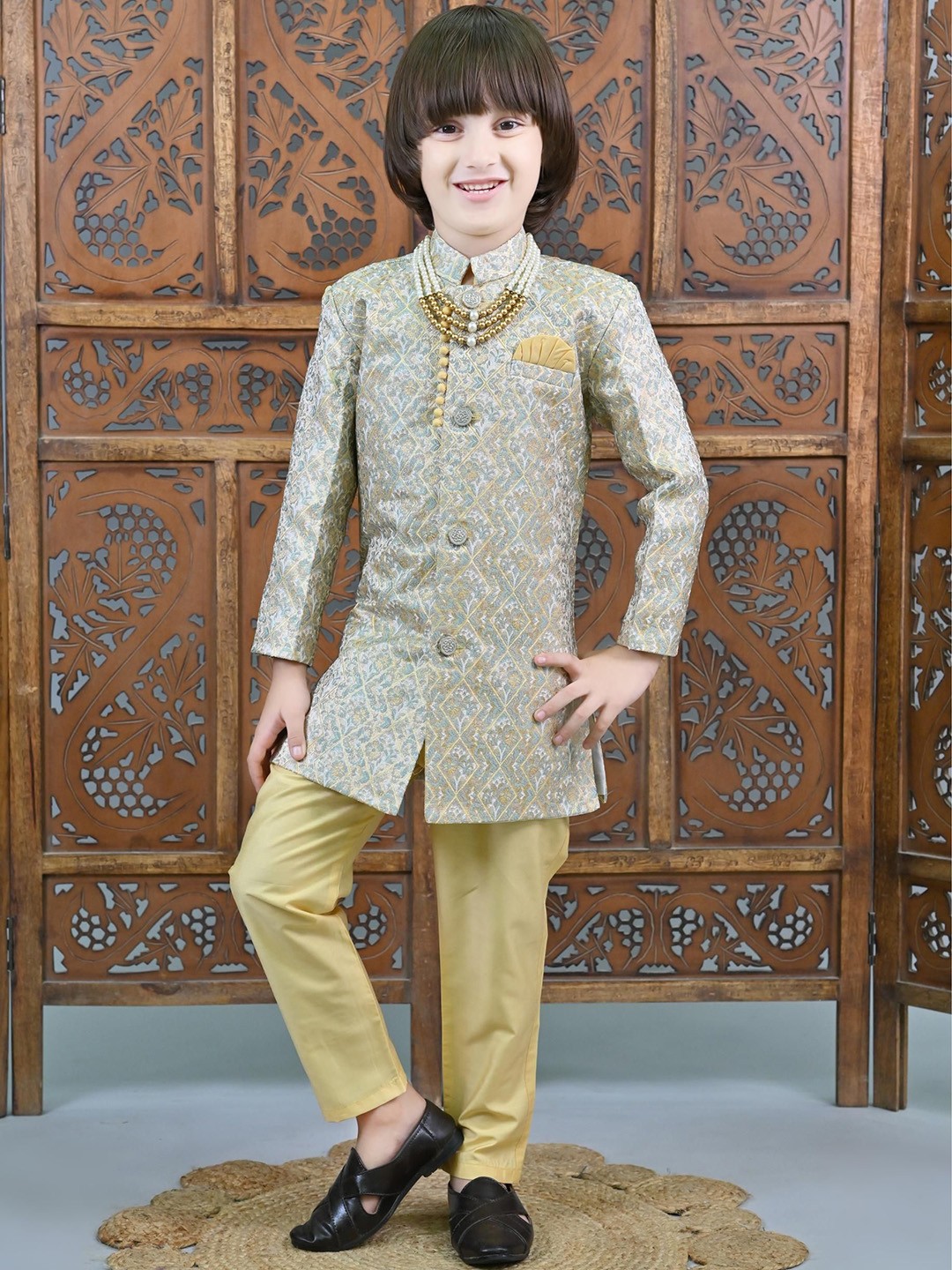 

ahhaaaa Boys Printed Sherwani Set, Green