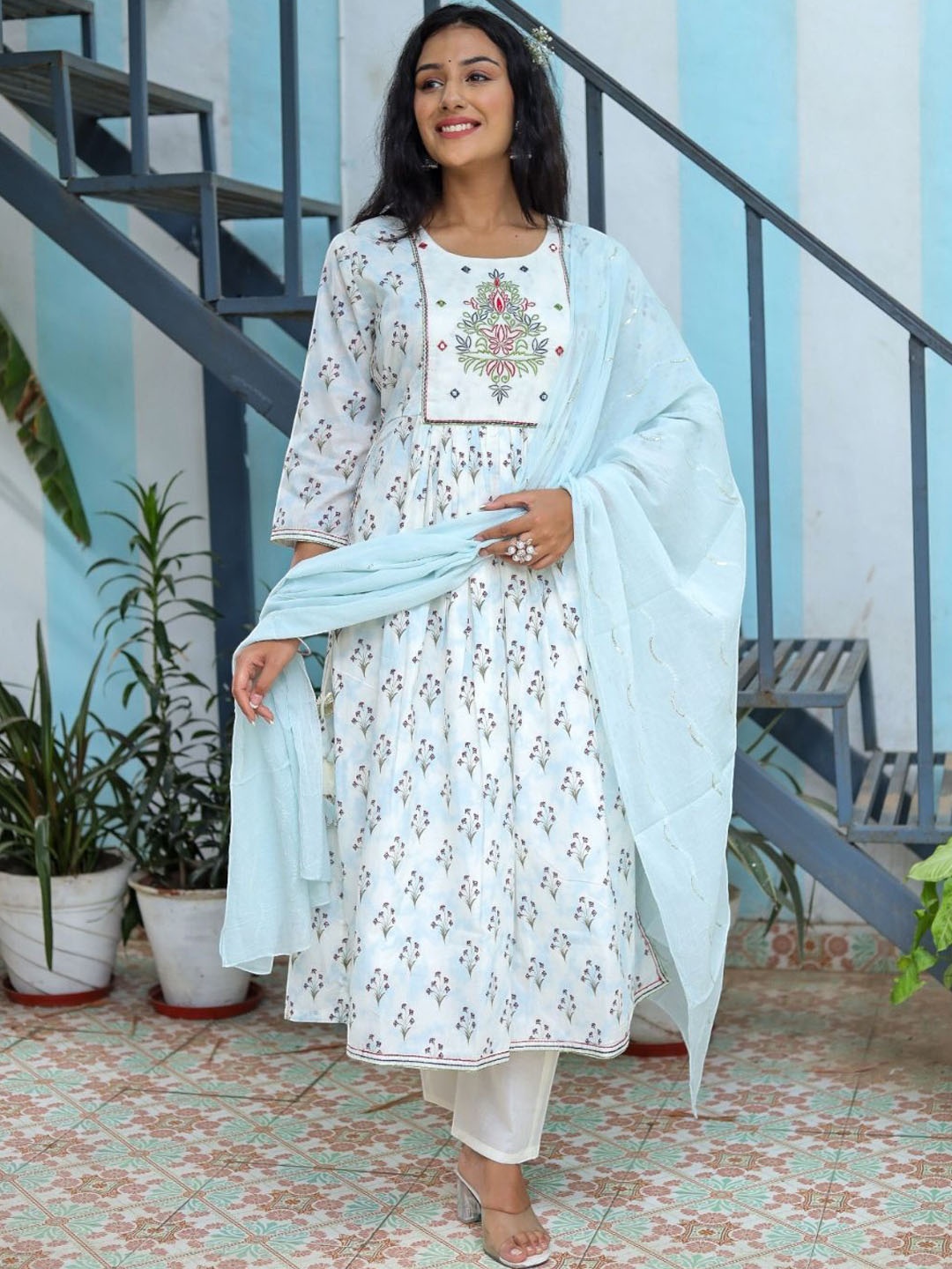 

KALINI Embroidered Thread Work Silk Chiffon Anarkali Kurta with Trousers & Dupatta, Blue