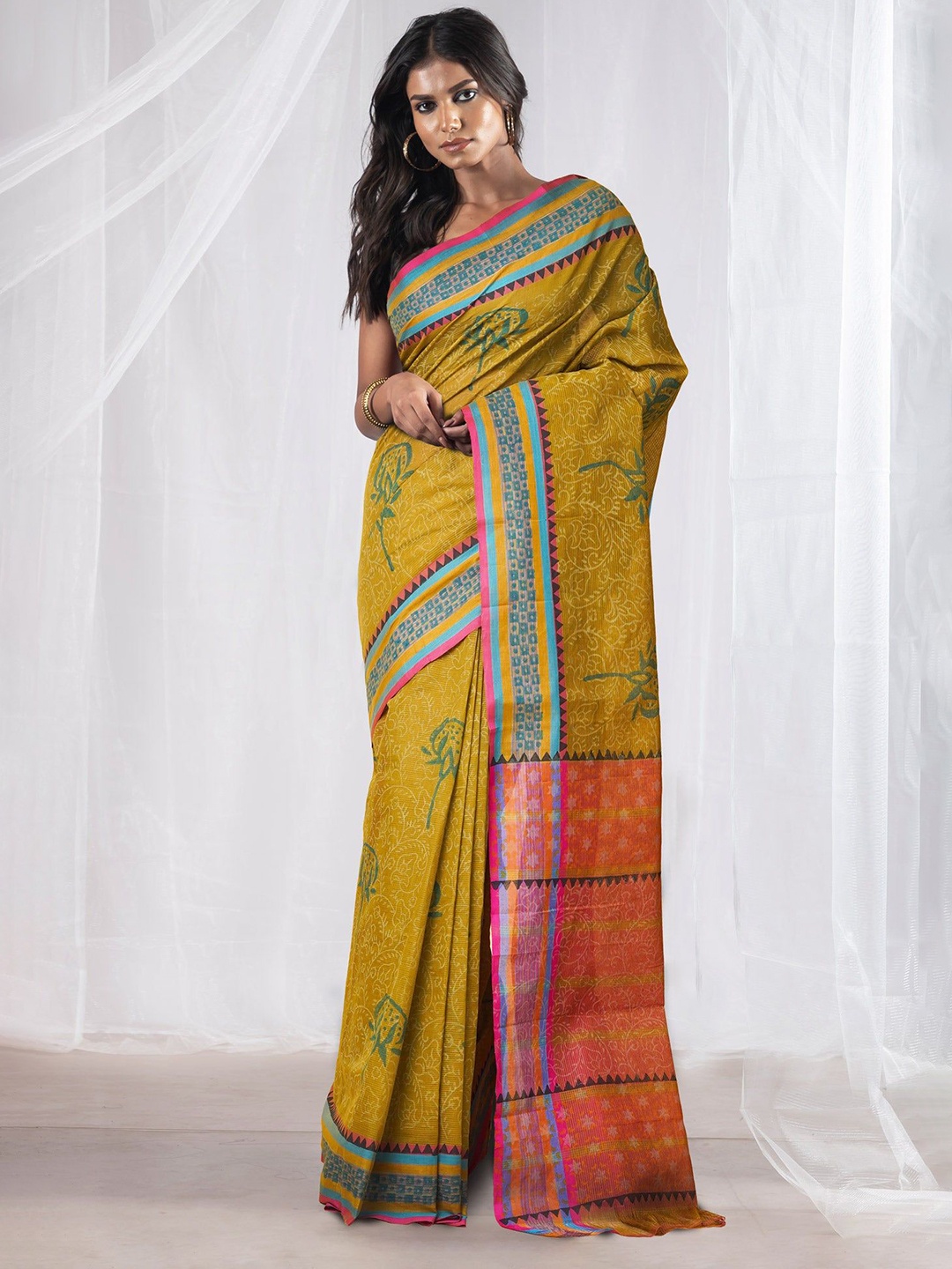 

Unnati Silks Ethnic Motifs Pure Cotton Handloom Mangalagiri Saree, Green
